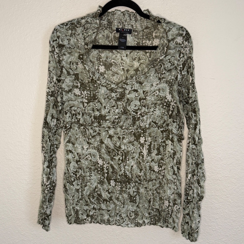 Y2K Womens 10 Medium Babydoll Green Sheer Blouse‎ Forest Fairy Goblin Whimsical